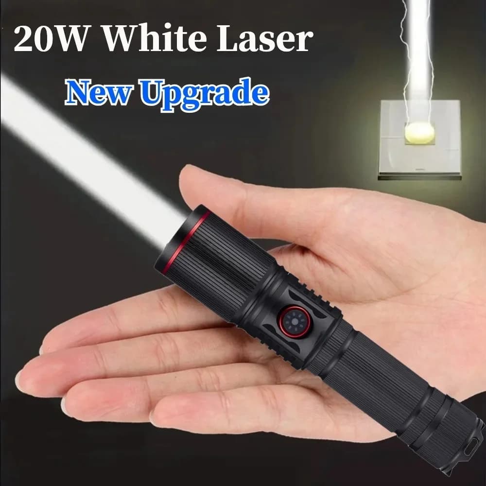 20W Zoom White Laser LED Flashlight High Power Type C Rechargeable Torch Camping Outdoor Hunting Fishing Walking Lighting Lamp