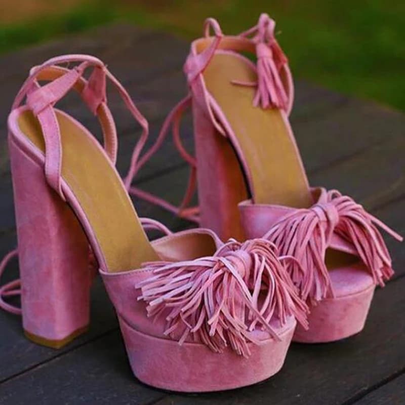 Rose Pink Platform Thick Heels Tassel Woman Sandal Peep Toe Ankle Strap Fringed Lace up Super High Heel Gladiator Summer Shoes