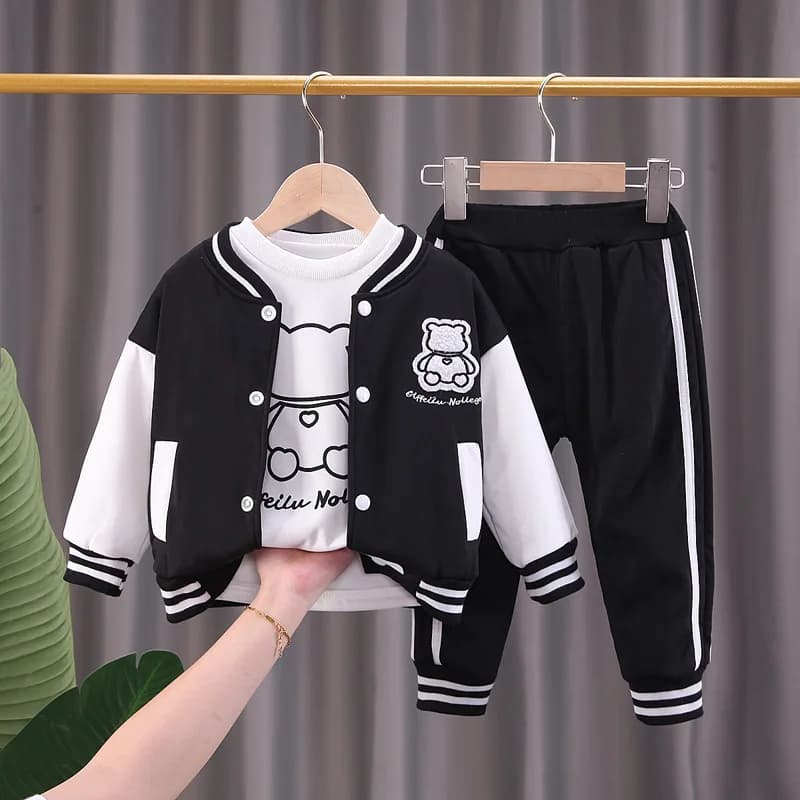 2025 Korean Children's Spring and Autumn Set Boys and Girls Cartoon Bear Cardigan Zipper Three piece Infant Sports Set 0-5Y