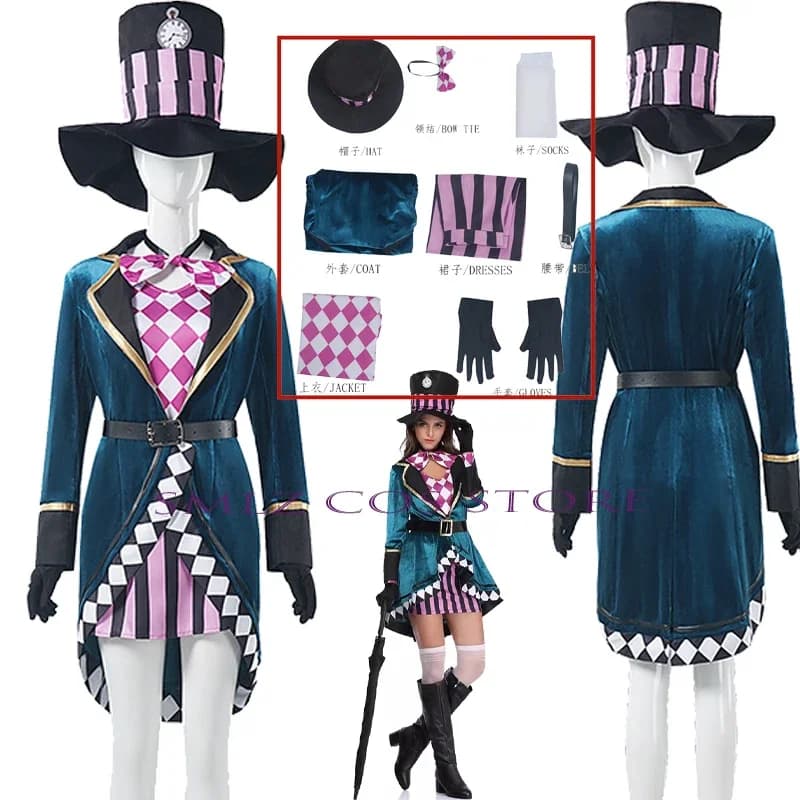 Hatter Fancy Cosplay Dress Adult Women Miss Mad Alice Costume Gothic Dress Hat Prop Set Halloween Party Outfit for Woman
