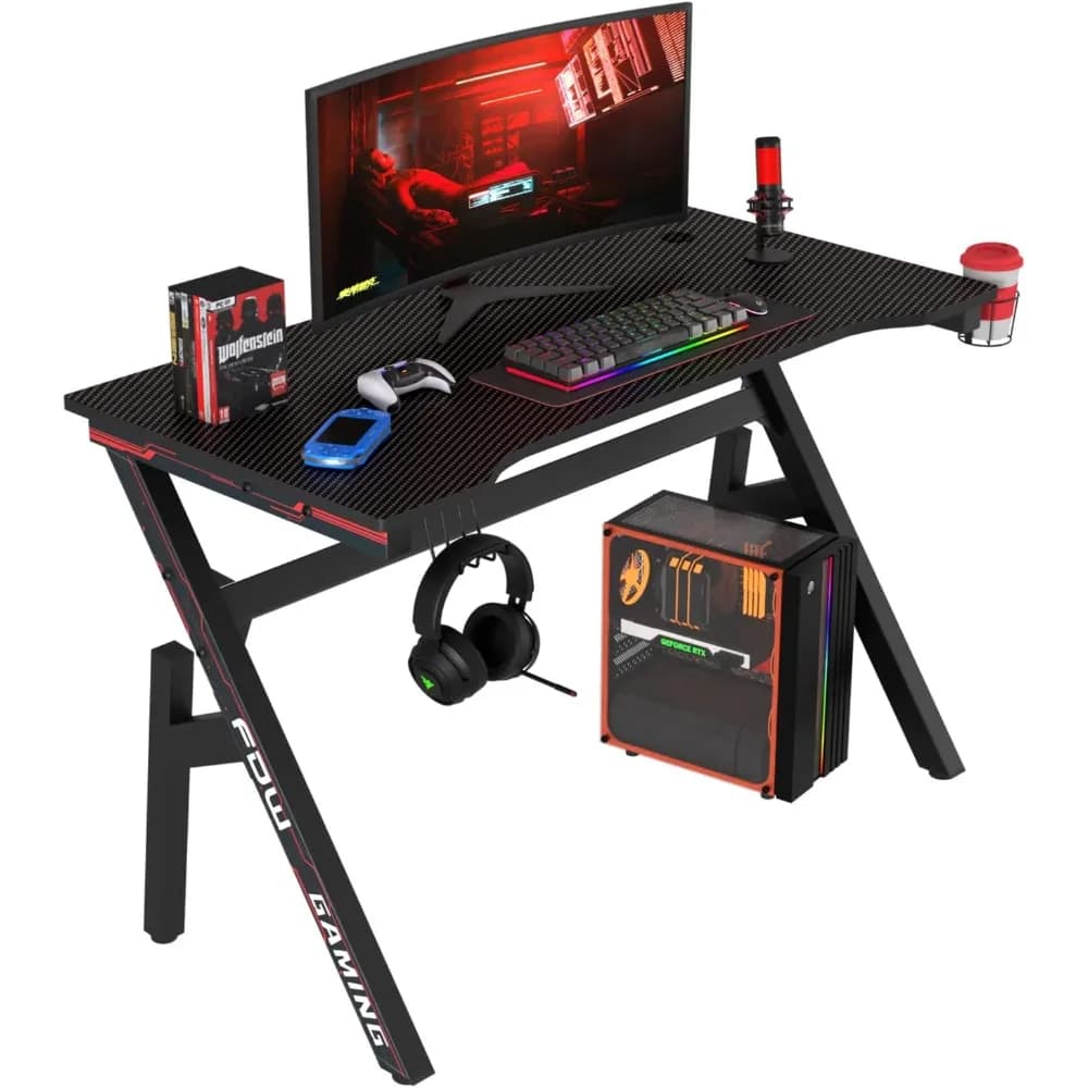 Gaming Desk Computer Desk 47 Inch Home Office Desk Extra Large Modern Ergonomic Black PC Carbon Fiber Table Gamer Workstation wi