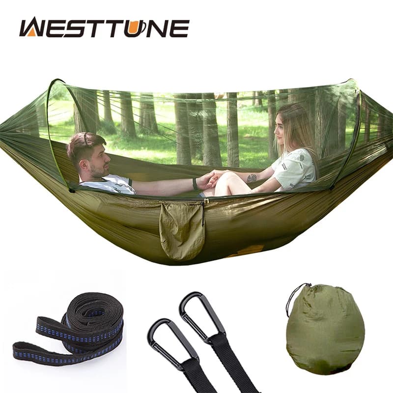 WESTTUNE Outdoor Camping Hammock with Mosquito Net Automatic Quick Opening Hanging Hammocks Fabric Hanging Sleeping Swing Bed