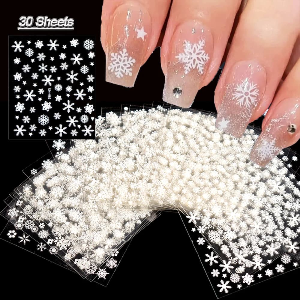 30 Sheets Christmas Nail Art Stickers Self Adhesive 3D White Snowflake Nail Decals Xmas Nail Supplies Christmas Manicure Sliders