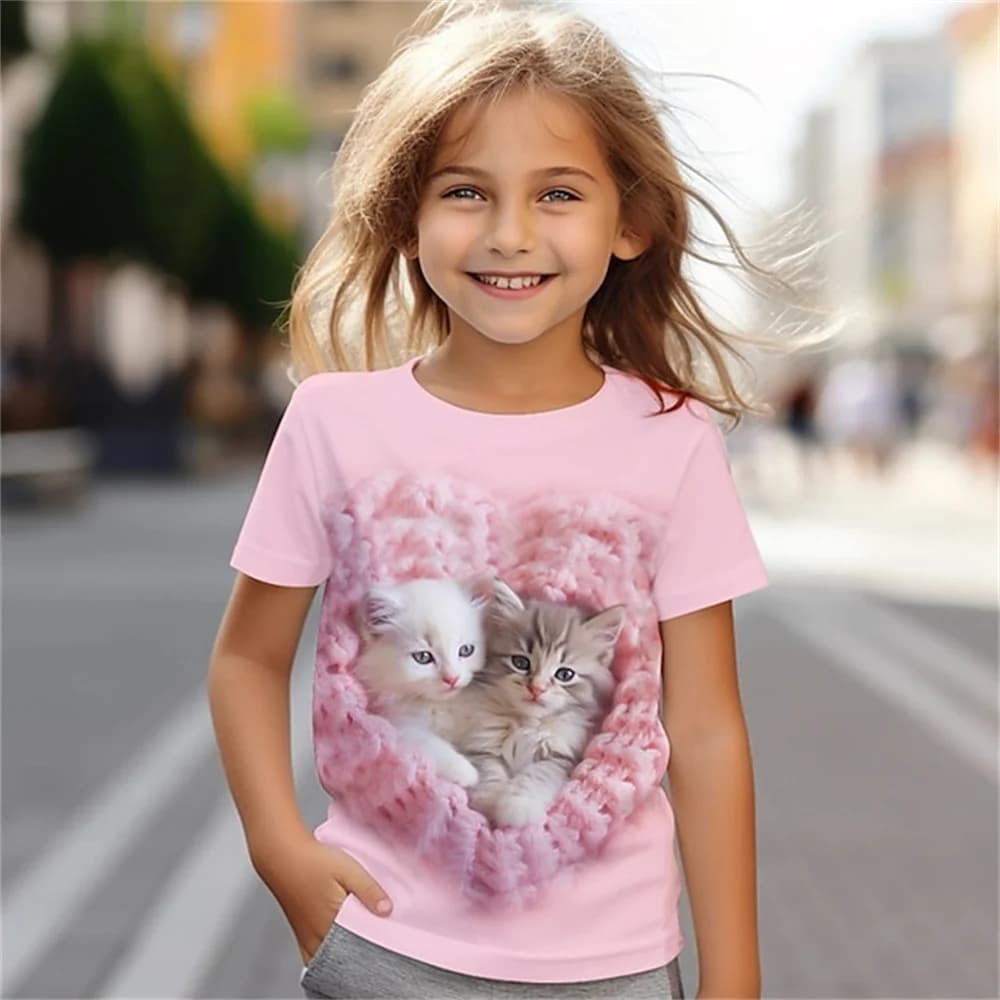 Cat Short Sleeve Horse Summer Kawaii Kid T-Shirt for Children Tops Fashion Tee Girls Clothes from 8 to 14 Years Old Child Tshirt