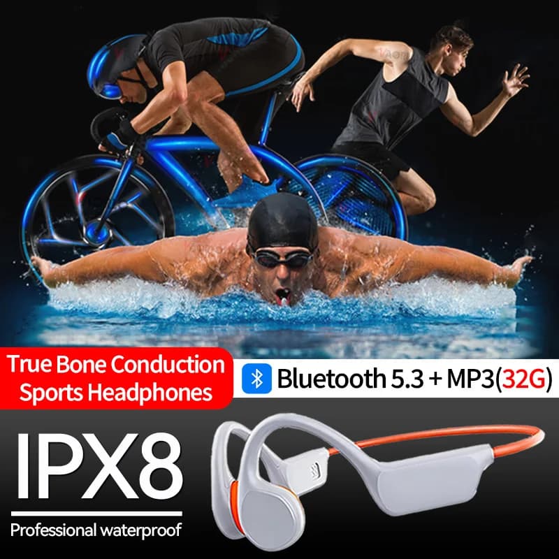 IPX8 Waterproof Bone Conduction Headphone Bluetooth5.3 Wireless Ear-hook Headset Built-in MP3 (32G) sports Earphone For Swimming