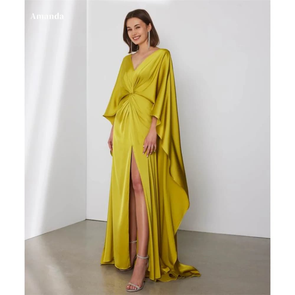Amanda Silk V Neck Pleats robes de soirée Loose Side High Split Evening Dresses Floor-Length Valentines Day Simple Wedding Dress