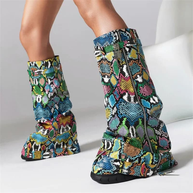Lock Metal Women's Platform Boots Trend 2024 Zipper Large Size Women's Mid Calf Boots Punk Style Wedges Boots Female Women Shoes