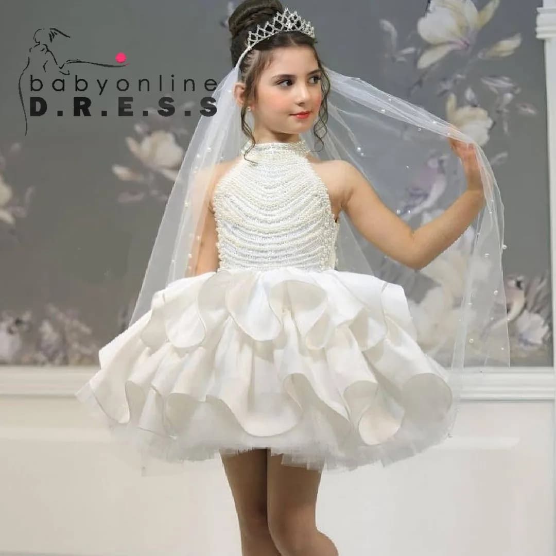 BABYONLINE Customized Flower Girl Dress Halter -neck Pearl Stones Fluffy Skirt Princess Ball Gown Wedding MiniBridesmaid Party