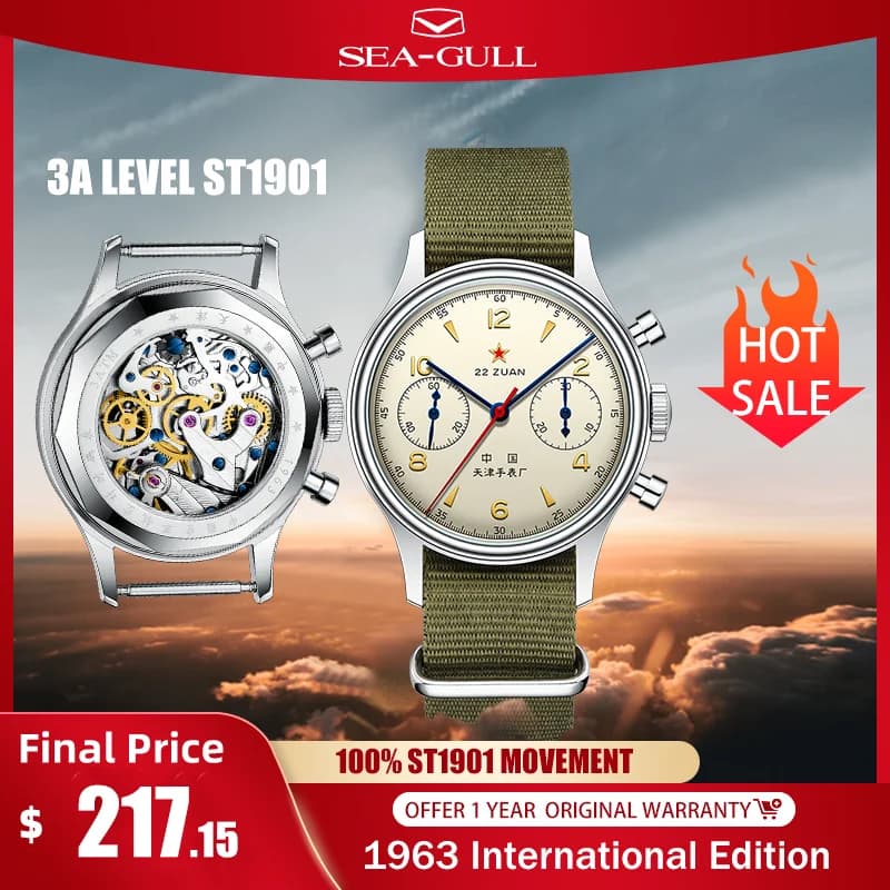 Seagull 1963 International Edition Men's Mechanical Watch Pilot Clock ST1901 Retro Chronograph Wristwatch Air Force Aviation New