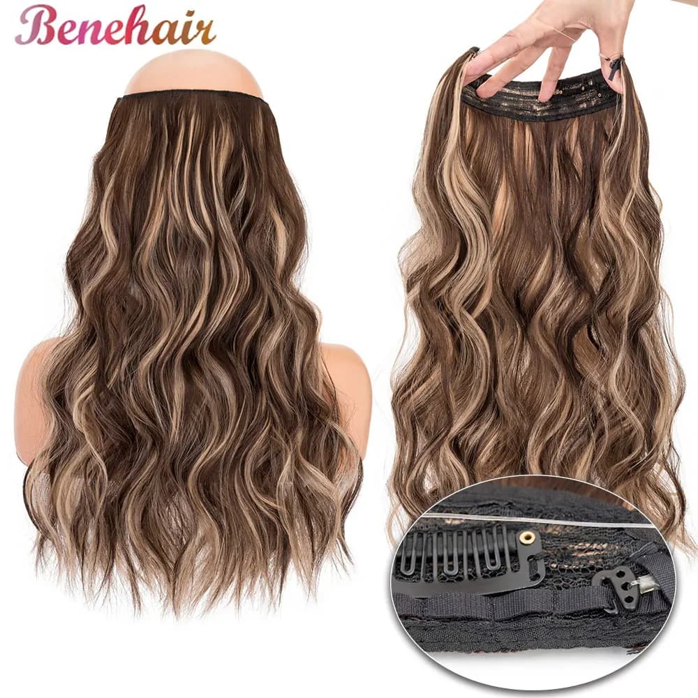 BENEHAIR 20inch Invisible Wire Hair Extensions with Thinner Softer Lace Weft Adjustable Size  Clips in Wavy Secret Hairpieces