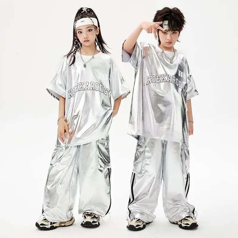 Boys Hip Hop Silver T-shirt Street Dance K-pop Cargo Pants Girls PU Leather Clothes Set Child Shiny Streetwear Kids Jazz Costume