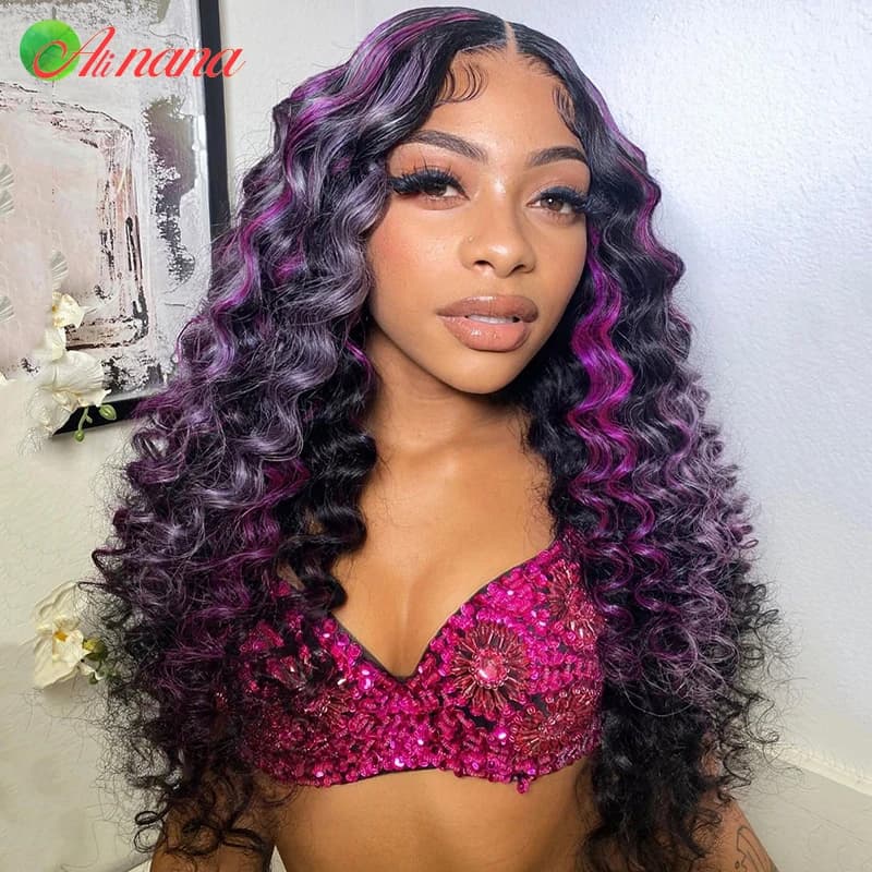 32 Inch Highlight Purple Loose Deep Wave 13x6 Lace Frontal Wigs Pre-Plucked 5x5 Lace Closure Wig Human Hair Wigs For Black Women