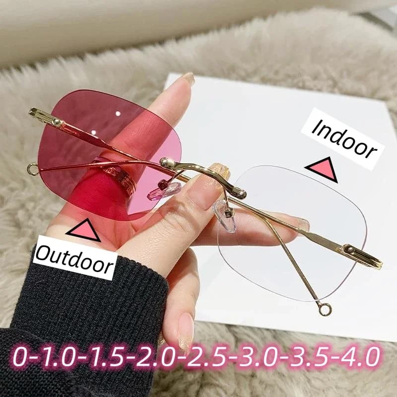 Lady Fashion Rimless Photochromic Glasses Luxury Blue Light Blocking Finished Myopia Glasses Outdoor Color Changing Sunglasses