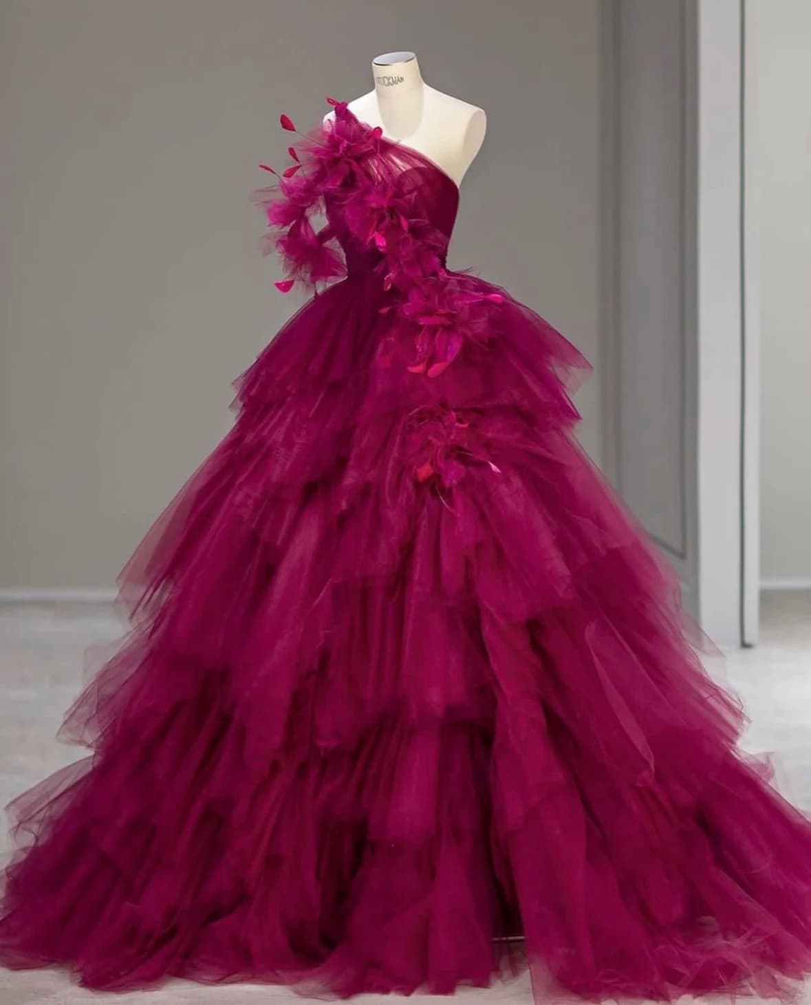 Customized Fuchsia One Shoulder Prom Dress Tiered Tulle A Line Long Special Occasion Dress 3D Floral Appliques Evening Gown