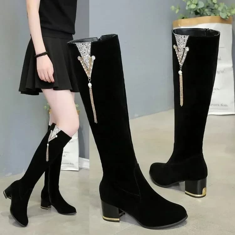Women Rhinestone Long Boots Zipper Thick High Heels Tassels Autumn Winter Warm Boots Knee High Botas Botas De Mujer2024