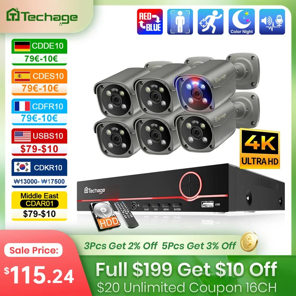 Techage Ultra HD 4K POE Camera System Face Detected Red-Blue Light Alarm Colorful Night 8MP CCTV Video Security Surveillance Kit