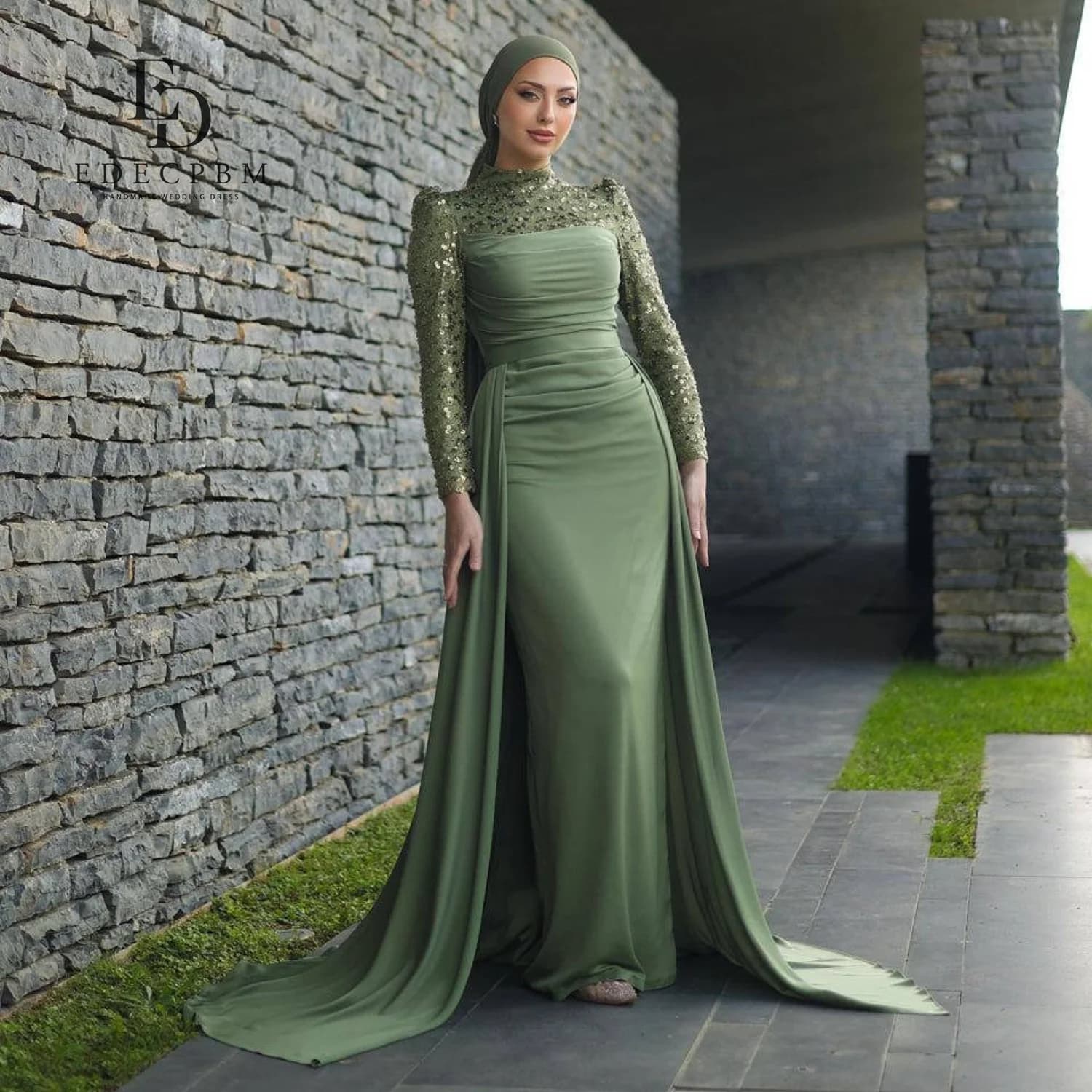 EDECPBM Round Collar Prom Dresses 2025 Chic Evening Dresses for Special Occasions Satin Bead Embroidery Customized Long Sleeves