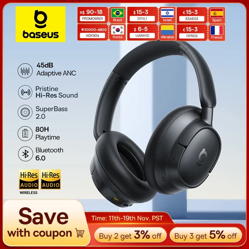 Baseus EH10 NC ANC Wireless Headphones 45dB Adaptive Hybrid Noise Cancelling Headsets Hi-Res LDAC Headphone Bluetooth 6.0 80Hrs