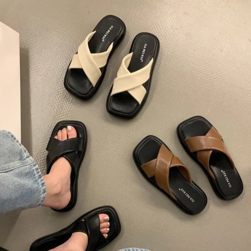 Korean New 2023 Summer Solid Color Retro Casual Cross T Slippers Commuting Comfortable Fashion Uwabaki Slippers