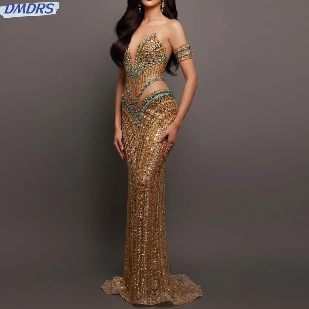 Hand-sewn Beads Rhinestones Prom Gown Sexy Deep V-neck Cocktail Dresses Luxury Sheath Evening Dress Customized Robe De Mariée