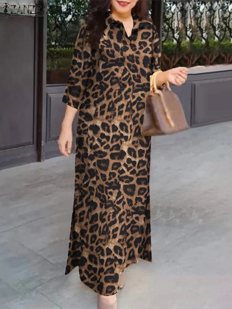ZANZEA Women's Long Dresses 2025 Spring Summer Leopard Print 3/4 Sleeve Lapel Neck Maxi Robes Femme Commute Office Slit Kleid