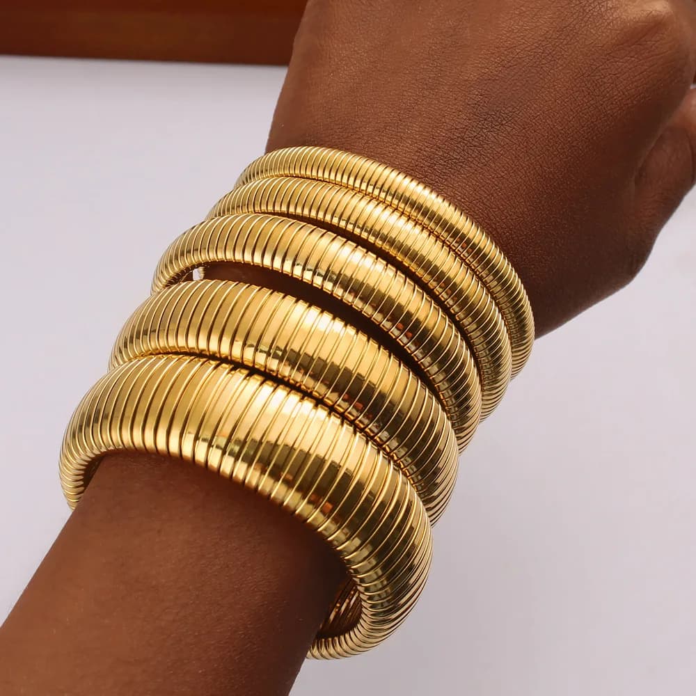 18k Gold Plated Titanium Steel Bracelet Vintage Elastic Gypsy Polishing Bangle For Women Girls Fashion Aesthetic Jewelry