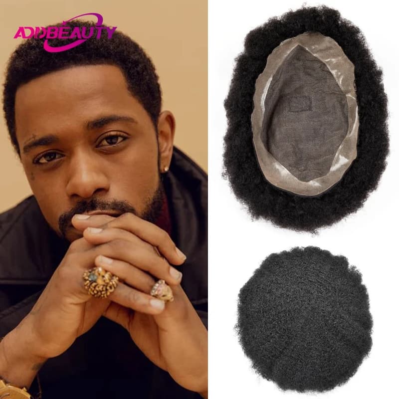 Afro Men Toupee Fine Mono NPU Human Hair Wigs for Man Water Wave Men Capillary Prosthesis 4mm Wave Hairpiece Human Hair System