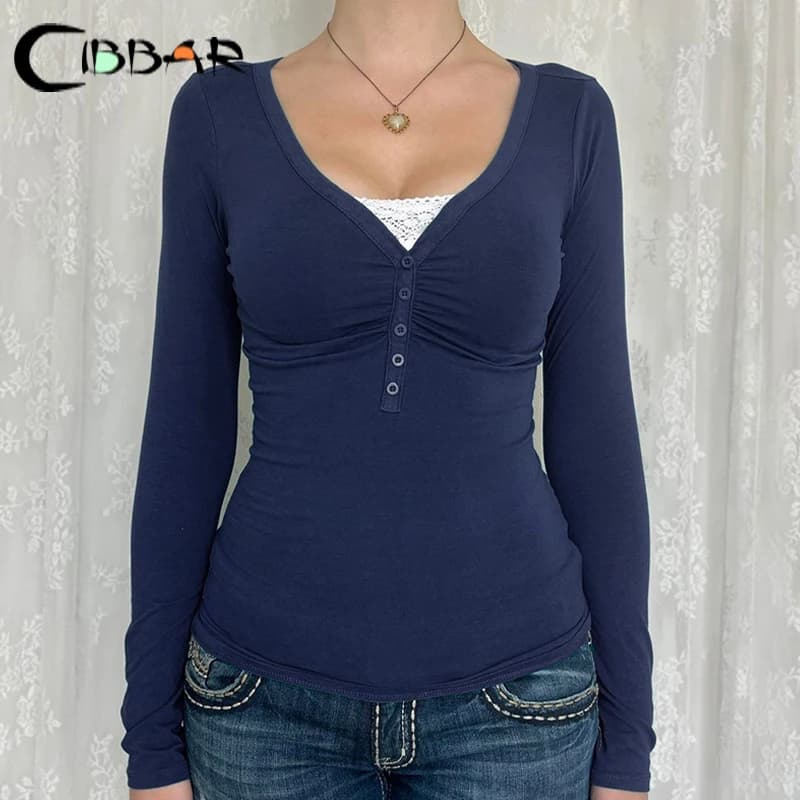 CIBBAR Patchwork Fake Two-piece T-shirt Vintage Stitching Button Crop Top Women Y2k Full Sleeve T Shirts 2000s Aesthetic Spring