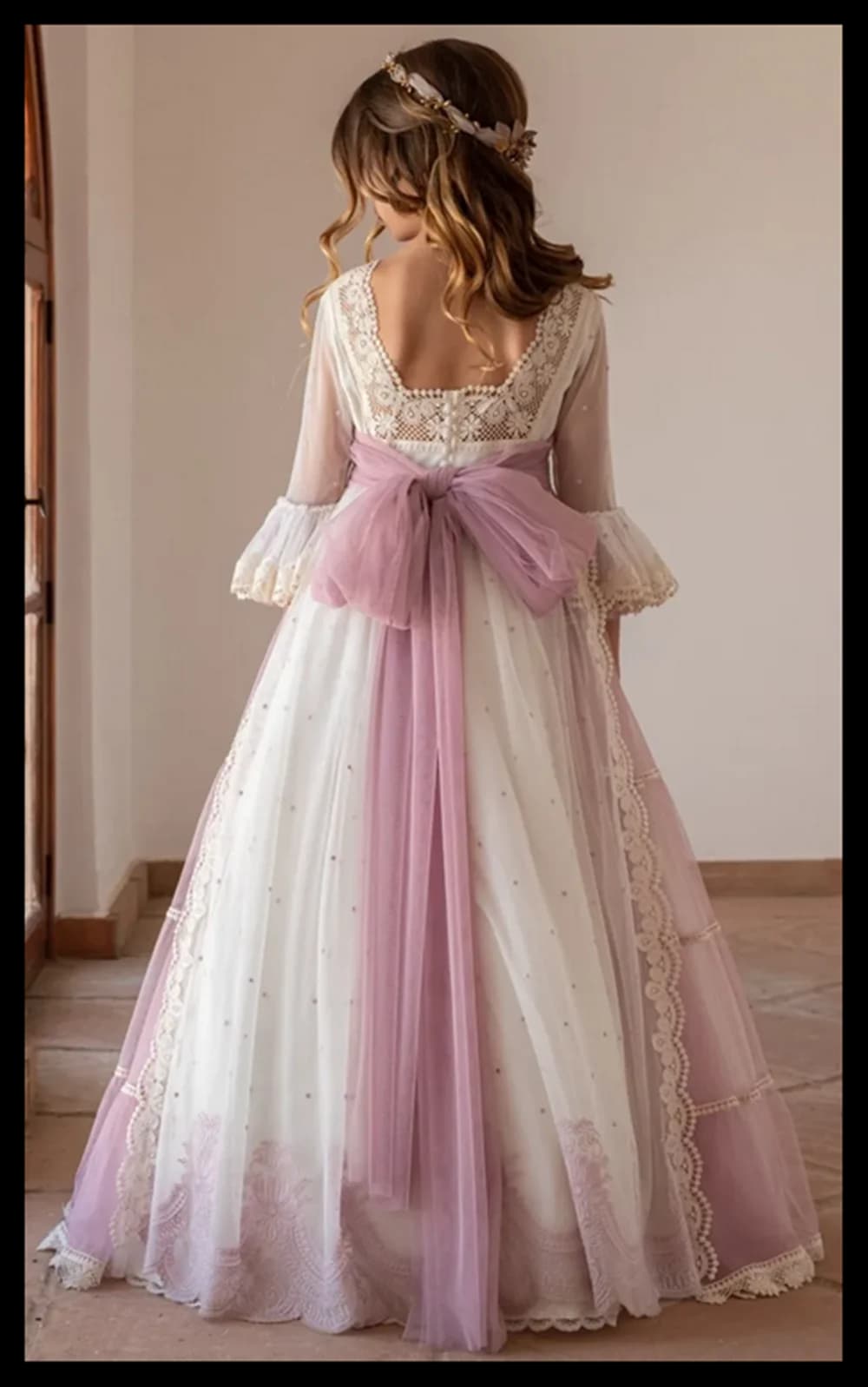 White Flower Girl Dresses Chiffon A-line Skirt Appliques Long Sleeves For Wedding Birthday Formal Party First Communion Gowns