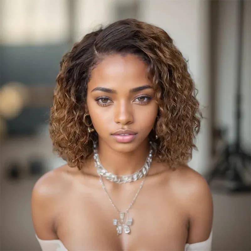 T430 Ombre Brown Short Curly Bob Wig 13x4 Lace Frontal Human Hair Wig Deep Wave Bob Wig PrePlucked Brazilian Remy Hair