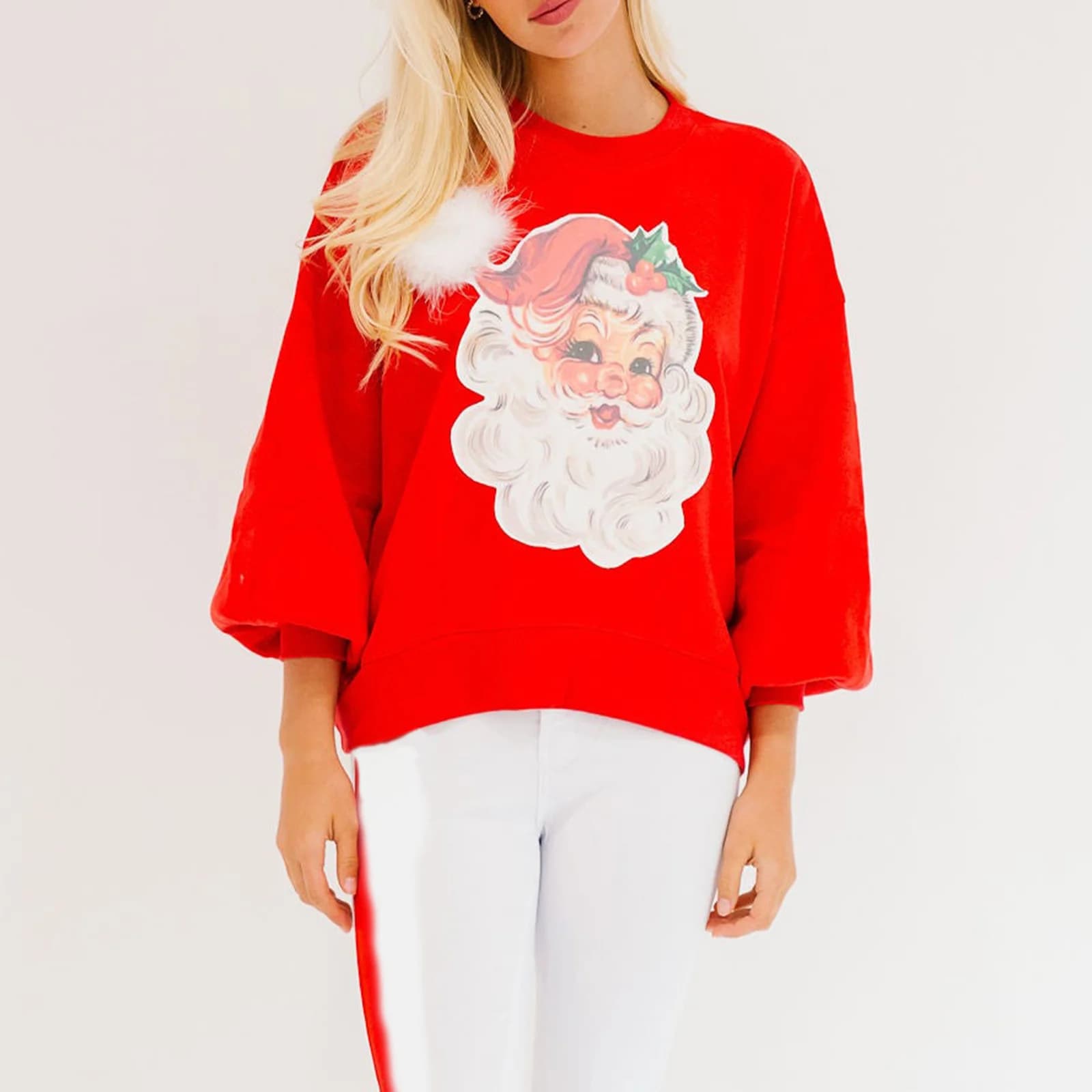 Women's Christmas Loose Sweatshirt Long Sleeve Round Neck Santa Claus Pullover Tops