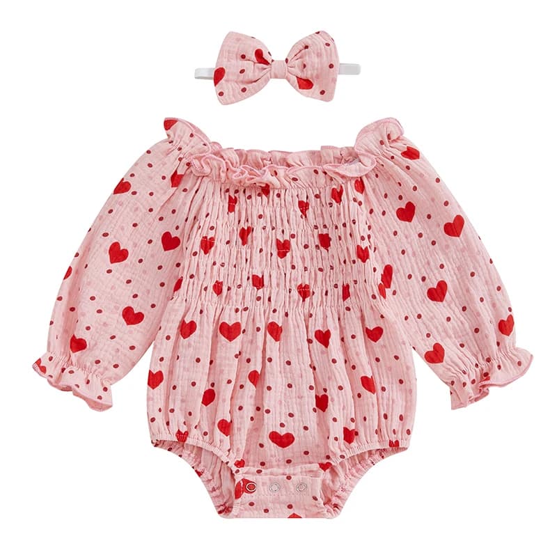 Baby Girls Romper Heart Print Long Sleeve Jumpsuits and Cute Headband Set for Toddler Infant Outfits
