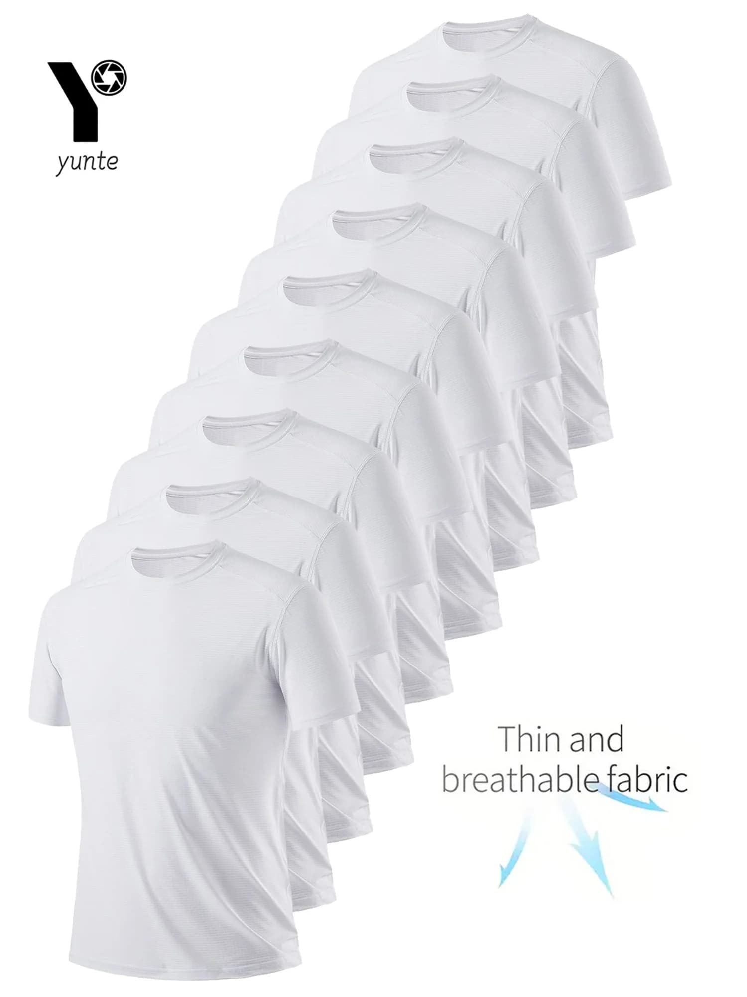 Round Neck T-Shirt 9Pcs White Ultralight Men Quick Dry Breathable Sweat Shirt for Fitness Gym Running Light Plaid Quick Dry Shor