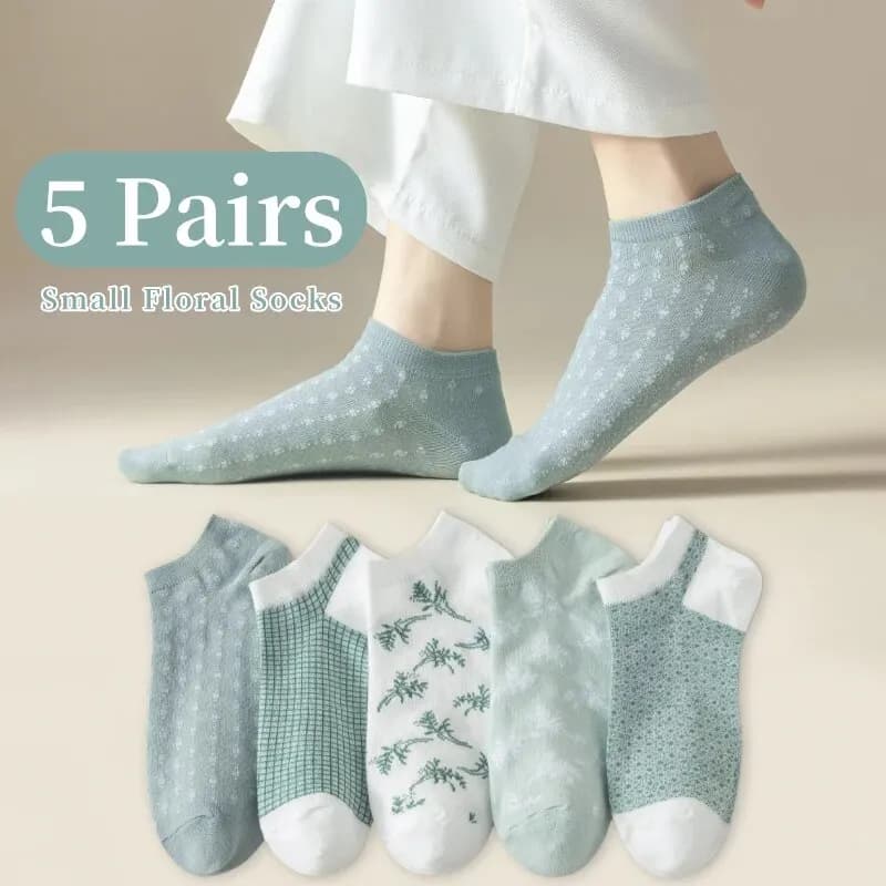5 Pairs of Women's Spring and Summer Four Seasons One-size Fresh Plaid Sweet Fashion Trend Comfortable College Low-cut Socks