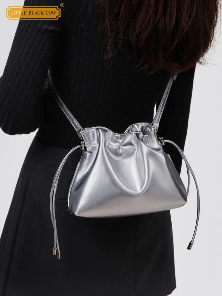 Women Small Pouch String Bucket Bag Softshell Cow Split Leather Strap Shoulder Bag Summer New Design Casual Sling Crossbody Bags