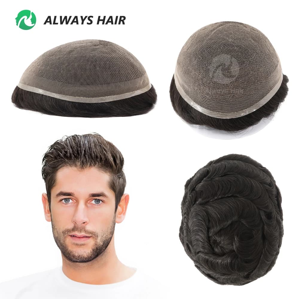 Alwayshair - DURA LACE Men's Capillary Prosthesis Hair 130% Hair Density Indian Hair Lace Toupee Wig For Man