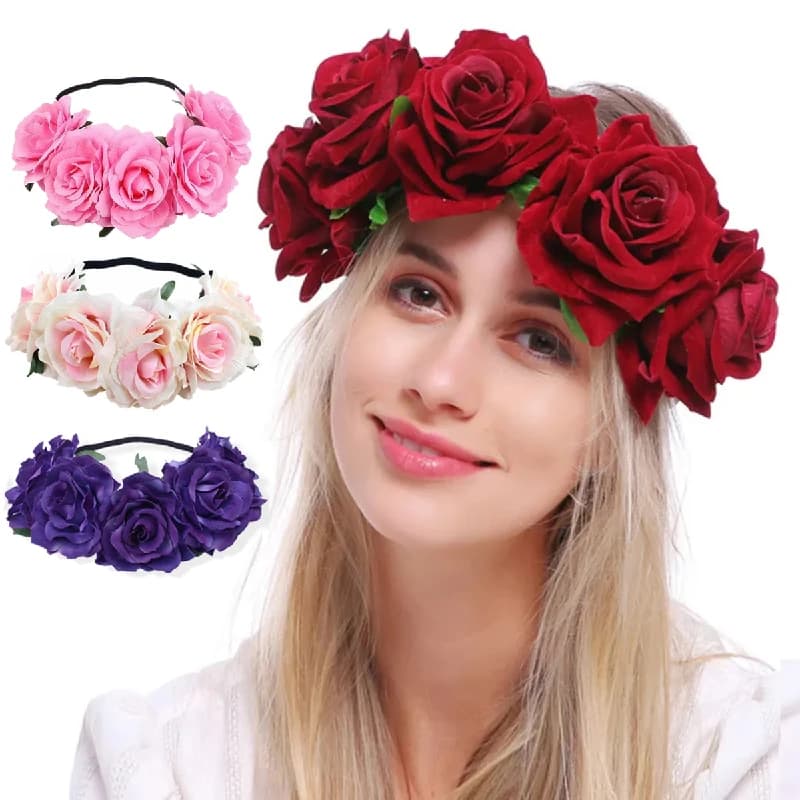 Rose Holiday Crown Festival Headbands Hippie Flower Headpiece Rose Flower Leave Crown Bridal Halo Headband Photography props