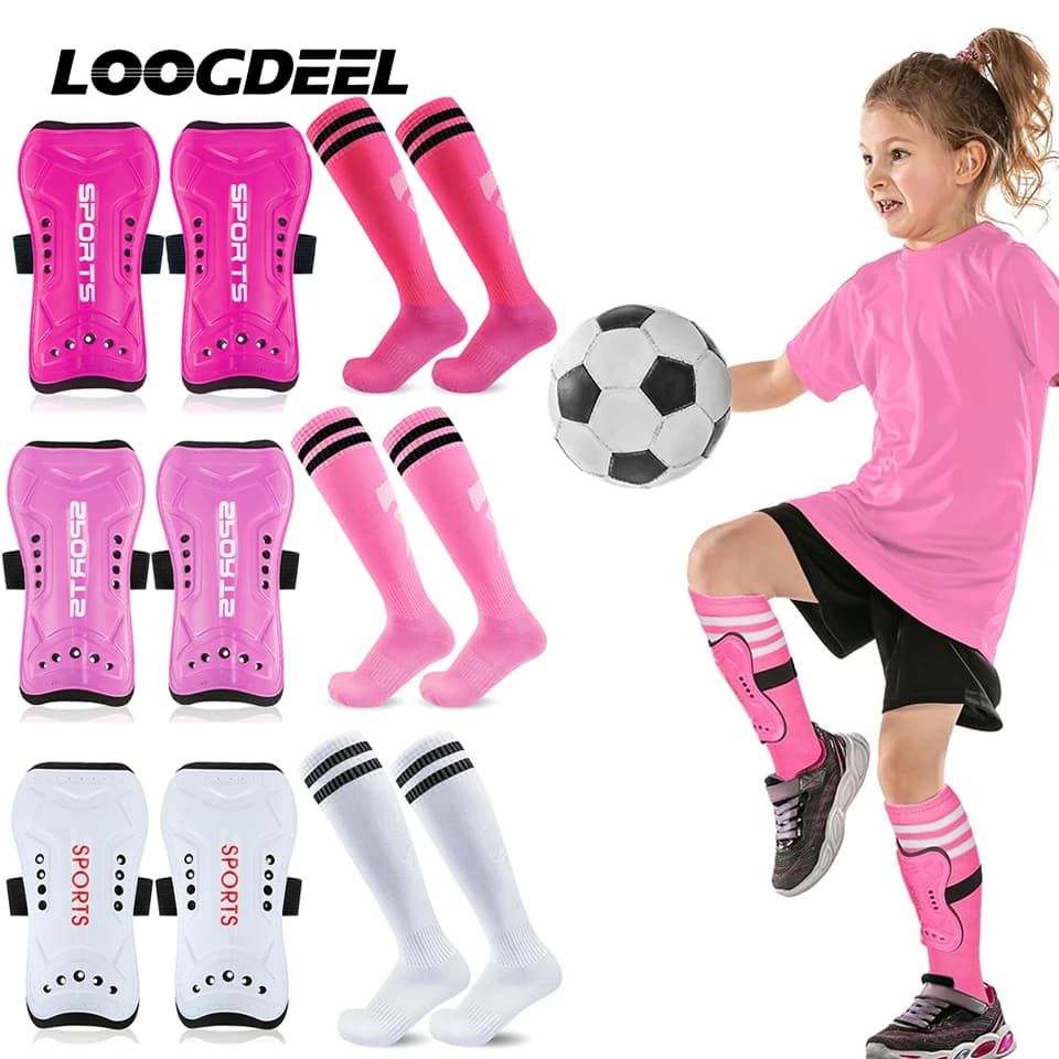 Loogdeel 2Pair Boys Girls Football Shin Protection Board Sports Sock Set Kids Soccer Over Knee Socks Legging Support Guard Child