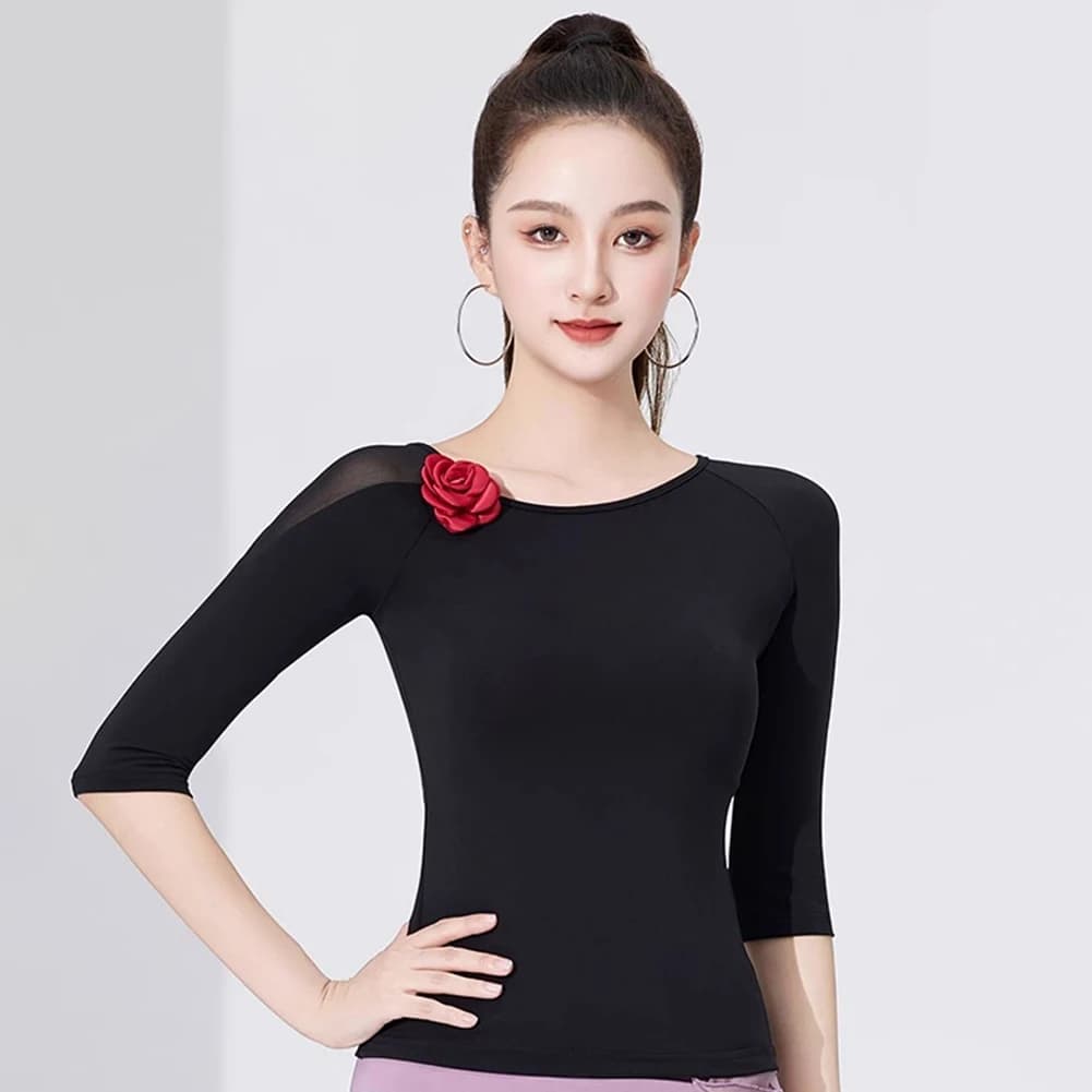 Latin Top Practice Clothes Line Dance Top Middle Sleeve Three-dimensional Flowers Ballroom Dancing Black Oblique  Shoulder Tee