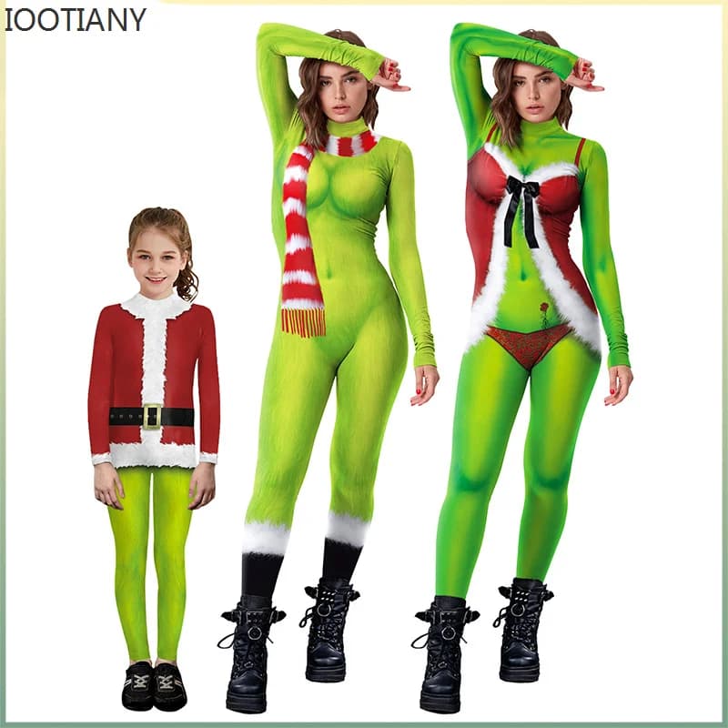 Halloween Cartoon Print Cosplay Jumpsuit Kids Adult Green Guy Pattern Bodysuit Christmas Party Zentai Suit Rave Outfit Xmas Gift
