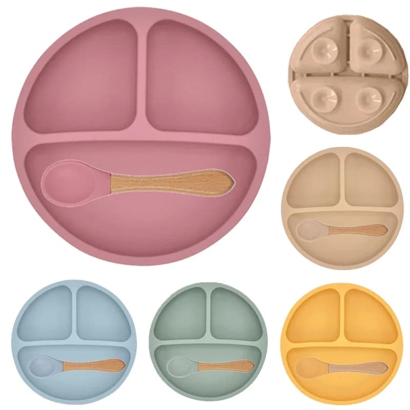 5Pcs/Set Baby Soft Silicone Tableware Kid Feeding Dishe Sucker Plate Bowl Spoon Fork Set Children Dishes Non-slip Dinnerware Set