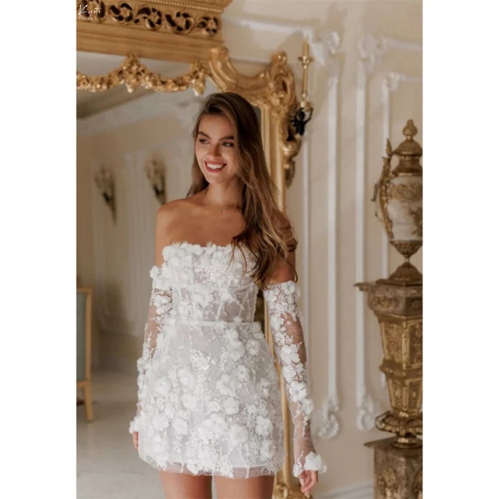 Customized White Mini Beaded 3D Flowers Wedding Dress Off Shoulder Detachable Sleeves vestidos de novia Lace-up Back After Party