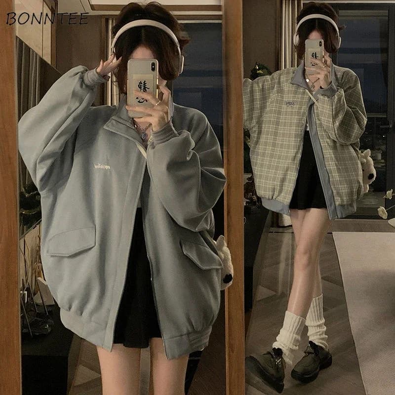 Jackets Women Letter Embroidery Vintage Streetwear Stylish Baggy Coats Couples Stand Collar Pockets Korean Style Daily Autumn