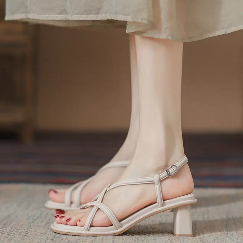 High Quality Summer Square Toe Thick Heel Women's Sandals Ankle Buckle Strap High Heels Party Wedding Sandals Ladies Shoes