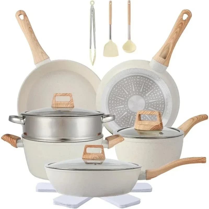 HOME Tool 16PCS Pots and Pans Set Non Stick Cookware Set Nonstick with Cooking Set (white, 16pieces) Free delivery