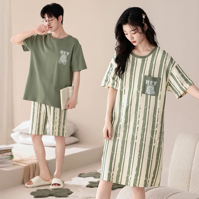 Couple Pajamas Sets  Summer 100% Cotton Men Sleepwear Women Nightgown Cute Cartoon Striped Pyjamas