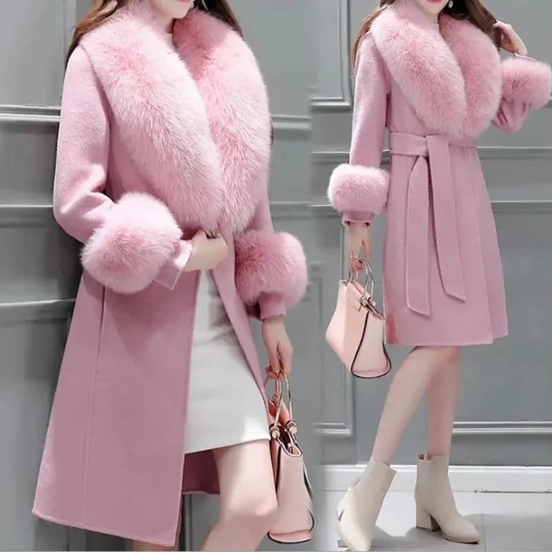 2023 Winter Jacket Women Long Natural Wool Blends Cashmere Real Fur Coat Double Breasted Belt Warm Streetwear New Fashion