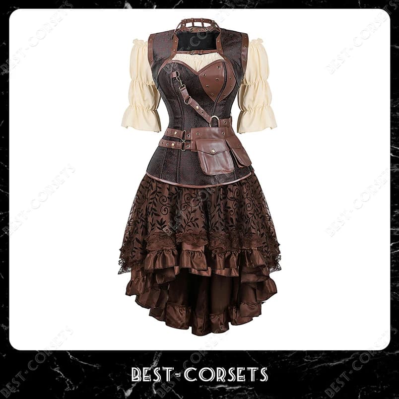 Steampunk Corset Dress Pirate Costume  for Women Halloween Medieval Blouse Gothic Faux Leather Corset Dress With Straps Brown
