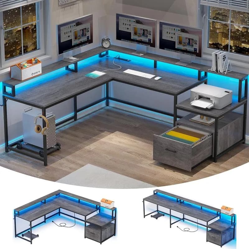 L Shaped Office Desks, 66" Home Office Desk with File Drawer & Power Outlet, Gaming Table with Led Lights