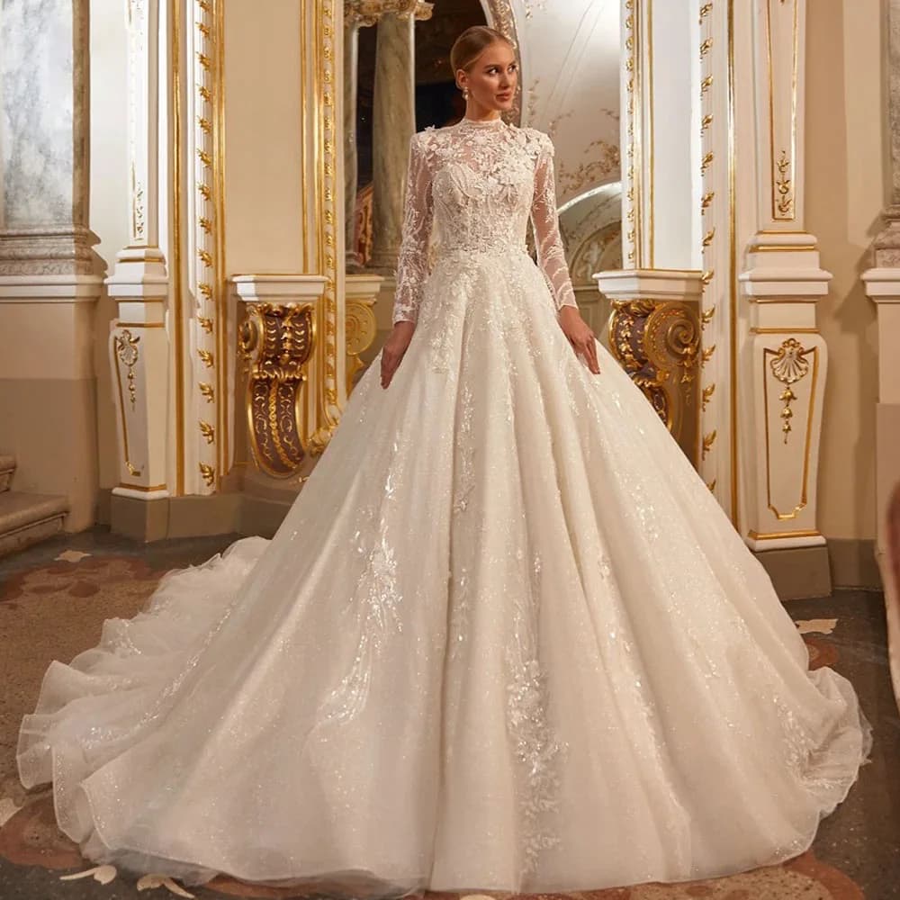 Elegant A Line Bridal Gowns  High Neck Long Sleeve Wedding Dresses Customized Lace Appliques High Quality  Bride Dress